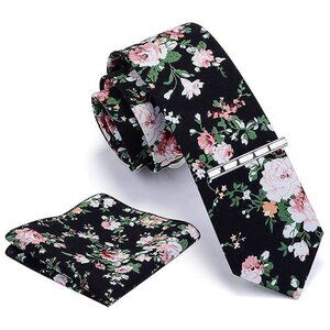 Floral Printed Necktie Tie Clip Pocket Square Sets Black